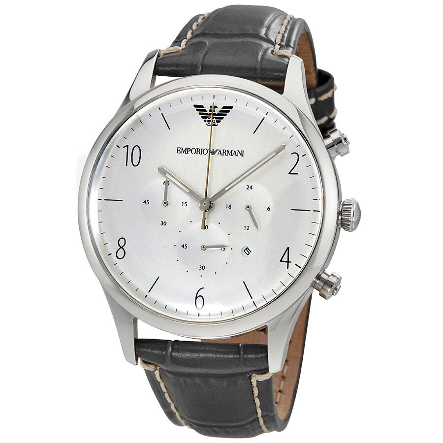 Emporio Armani AR1861 men's chronograph watch with silver dial and black leather strap