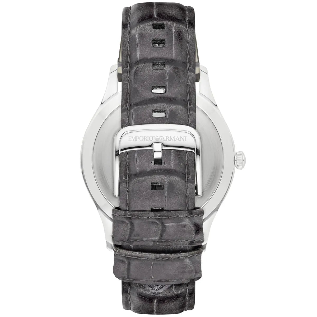 Emporio Armani AR1880 watch caseback showing gray crocodile-textured leather strap