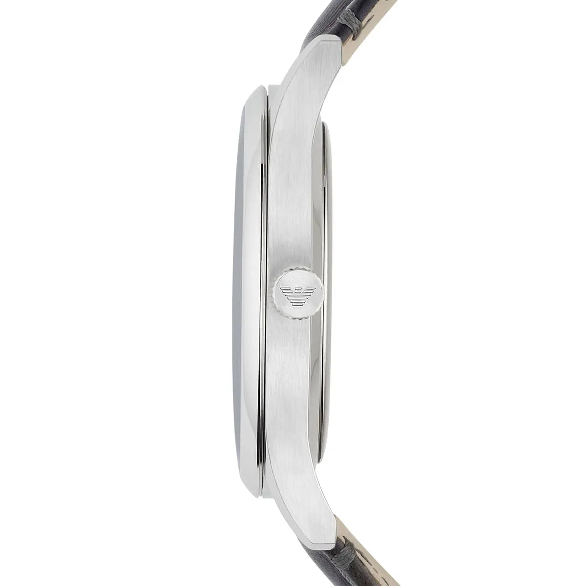 Emporio Armani AR1880 watch side profile showing stainless steel case and leather strap
