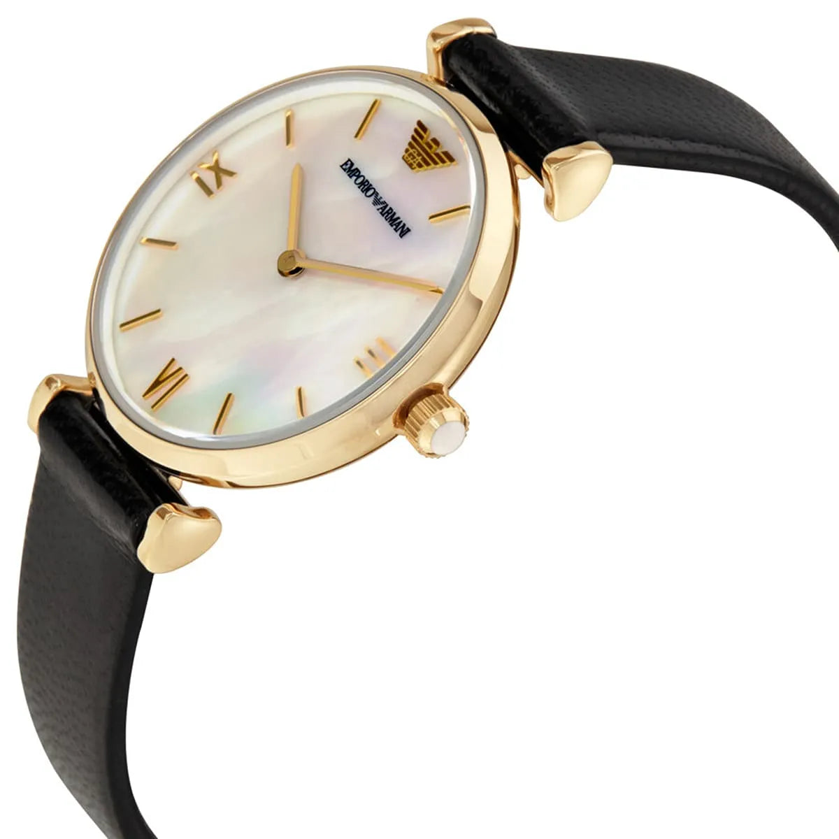 Emporio Armani MOP Dial Gold Case Black Leather Women's Watch AR1910