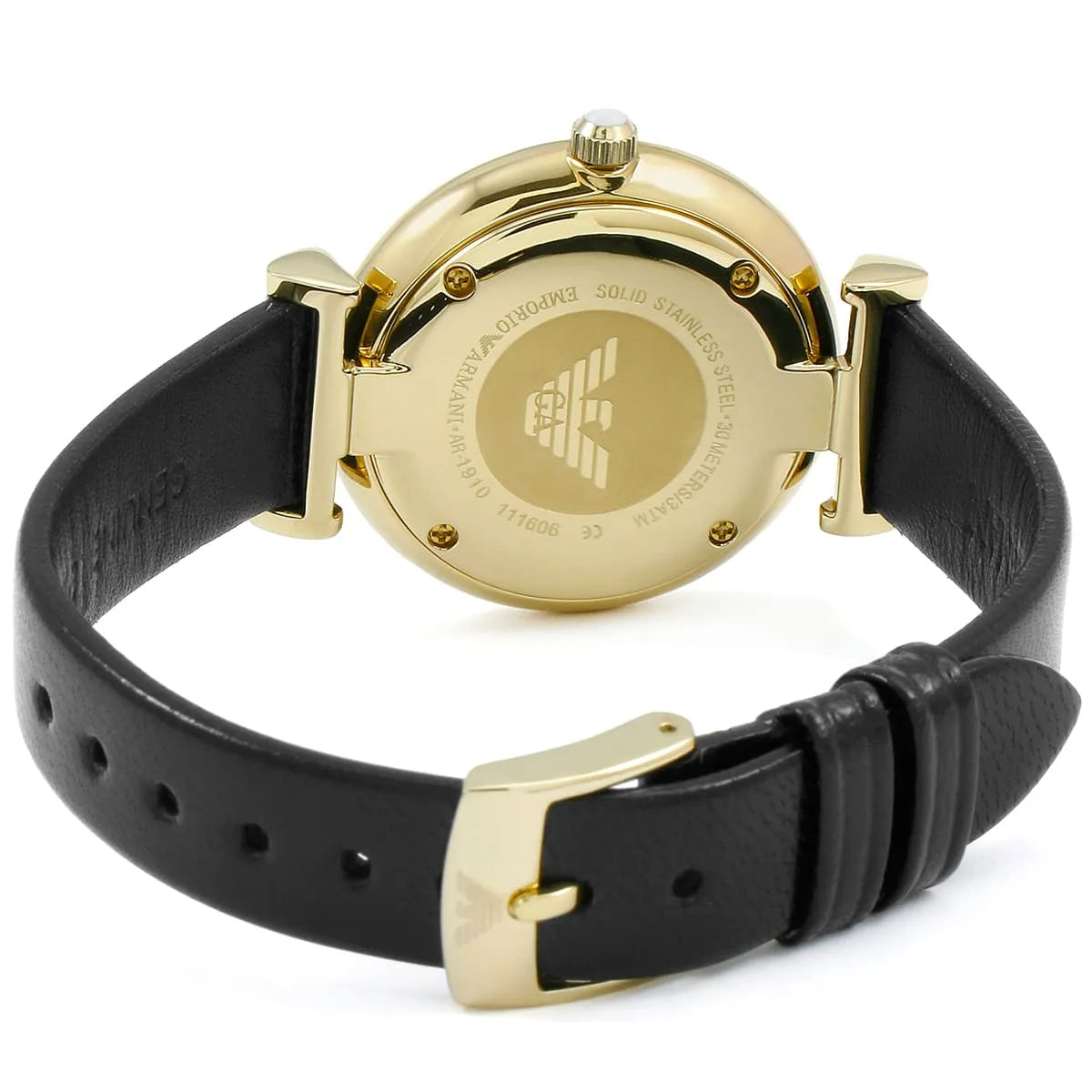 Emporio Armani MOP Dial Gold Case Black Leather Women's Watch AR1910