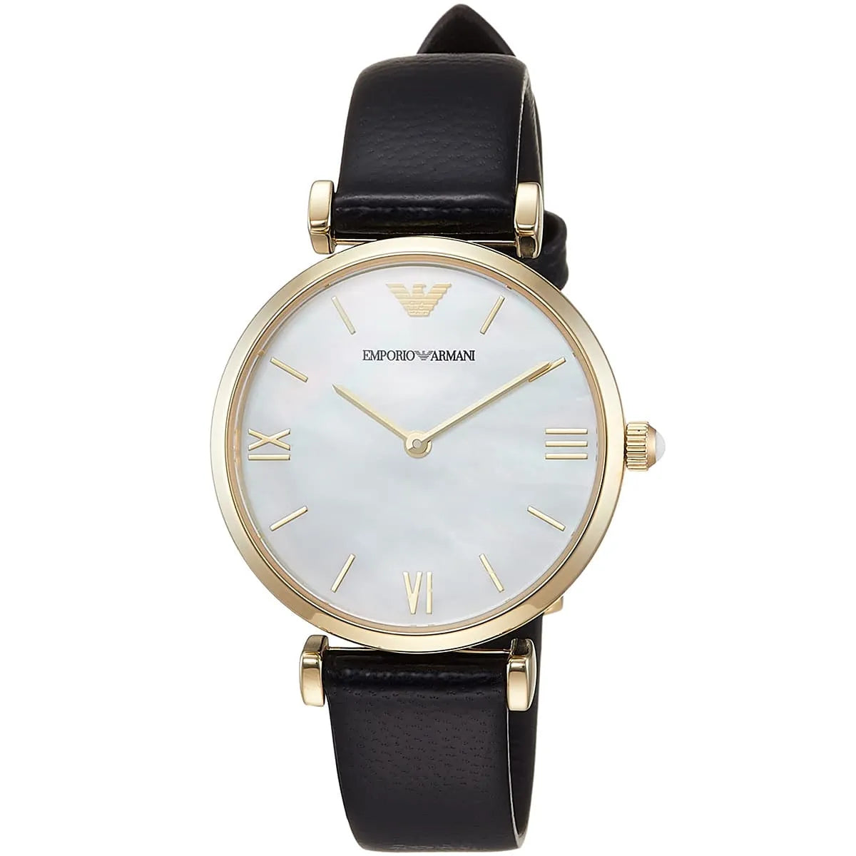 Emporio Armani MOP Dial Gold Case Black Leather Women's Watch AR1910