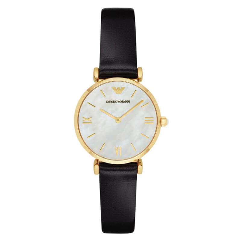 Emporio Armani MOP Dial Gold Case Black Leather Women's Watch AR1910