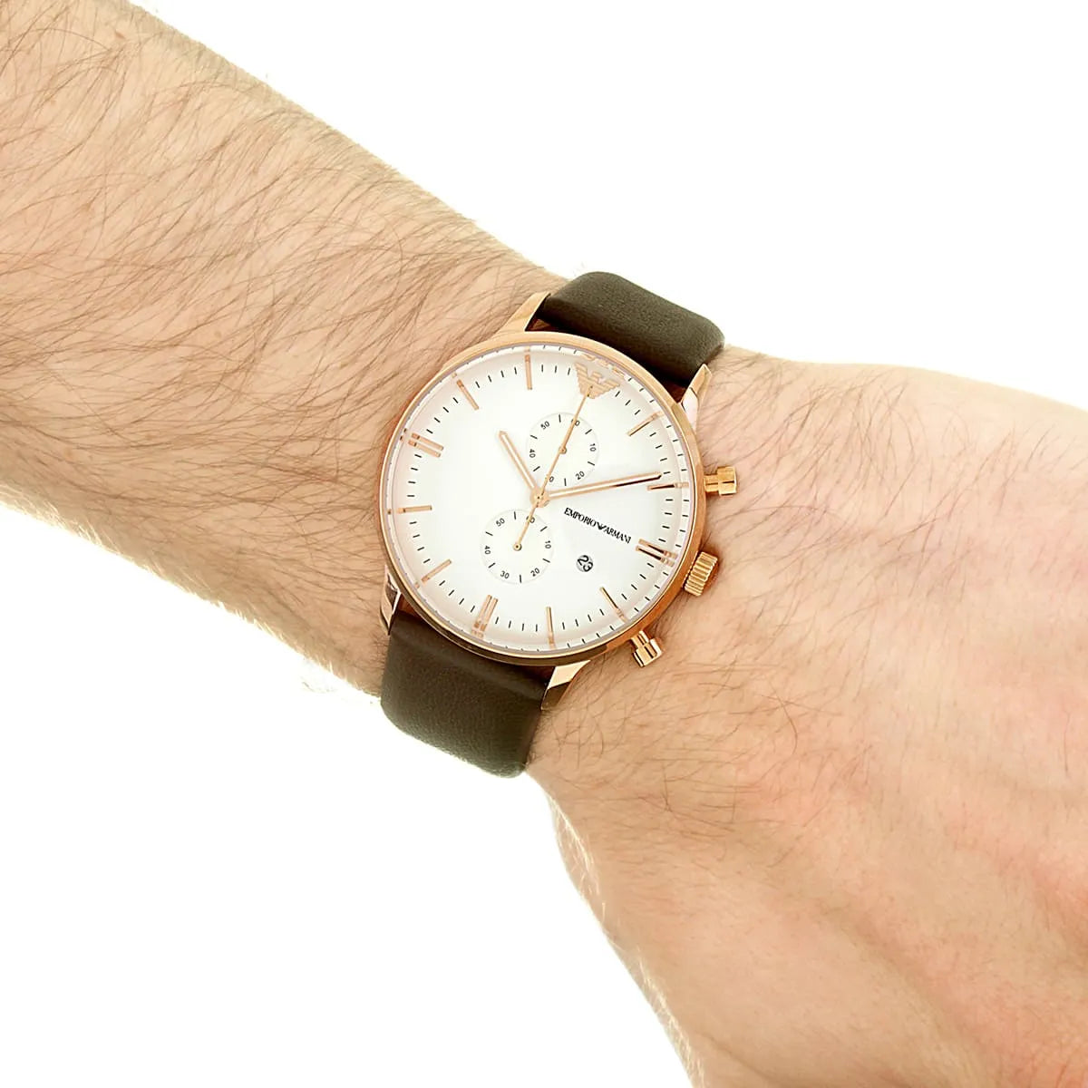 Emporio Armani AR1936 watch worn on wrist displaying white dial and brown leather strap