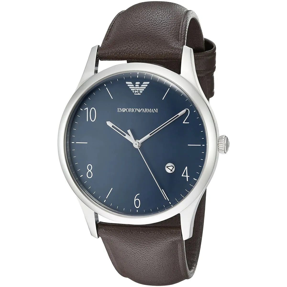 Emporio Armani AR1944 watch angled view showing blue dial and brown leather strap