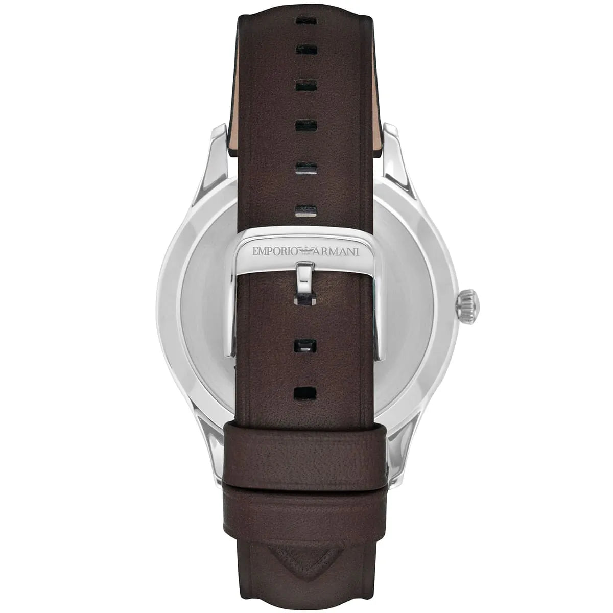 Emporio Armani AR1944 watch caseback showing silver case and brown leather strap