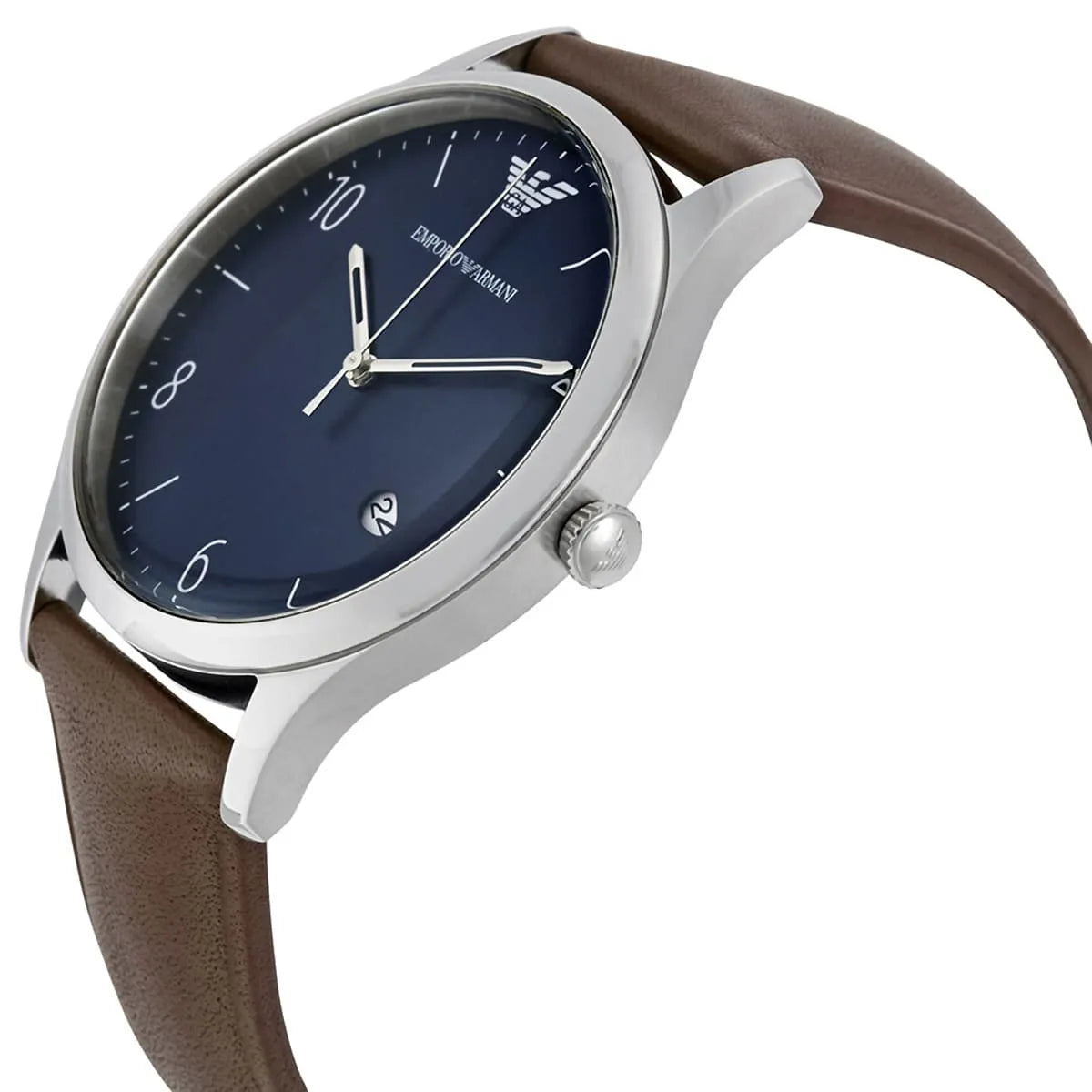 Emporio Armani AR1944 men's watch side angle with blue dial and brown leather strap