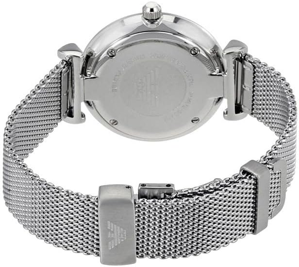 Emporio Armani AR1955 case back with silver mesh bracelet straps visible