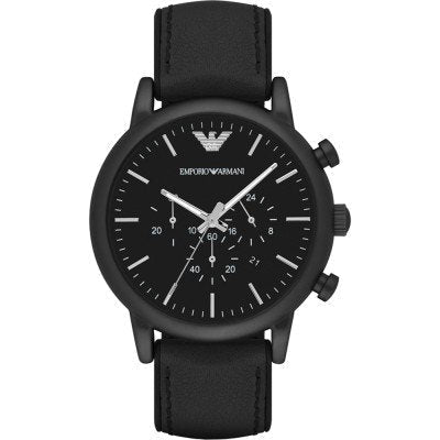 Emporio Armani AR1970 chronograph watch with black dial and leather strap