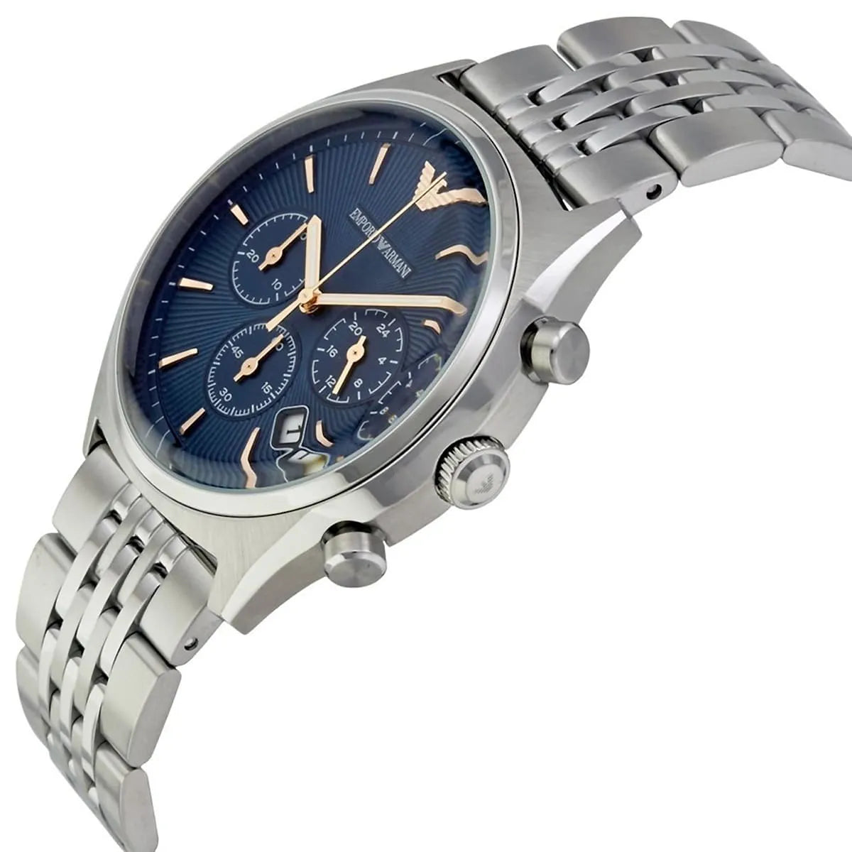 Emporio Armani AR1974 side view showing case profile, chronograph pushers, and stainless steel bracelet
