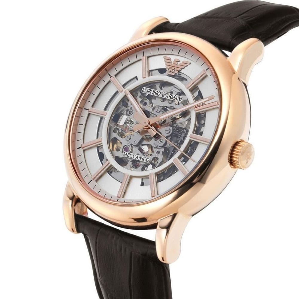 Emporio Armani AR1983 watch worn on wrist showing silver skeleton dial and proportions