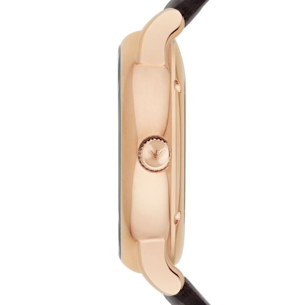 Emporio Armani AR1983 side profile showing rose gold case thickness and brown strap