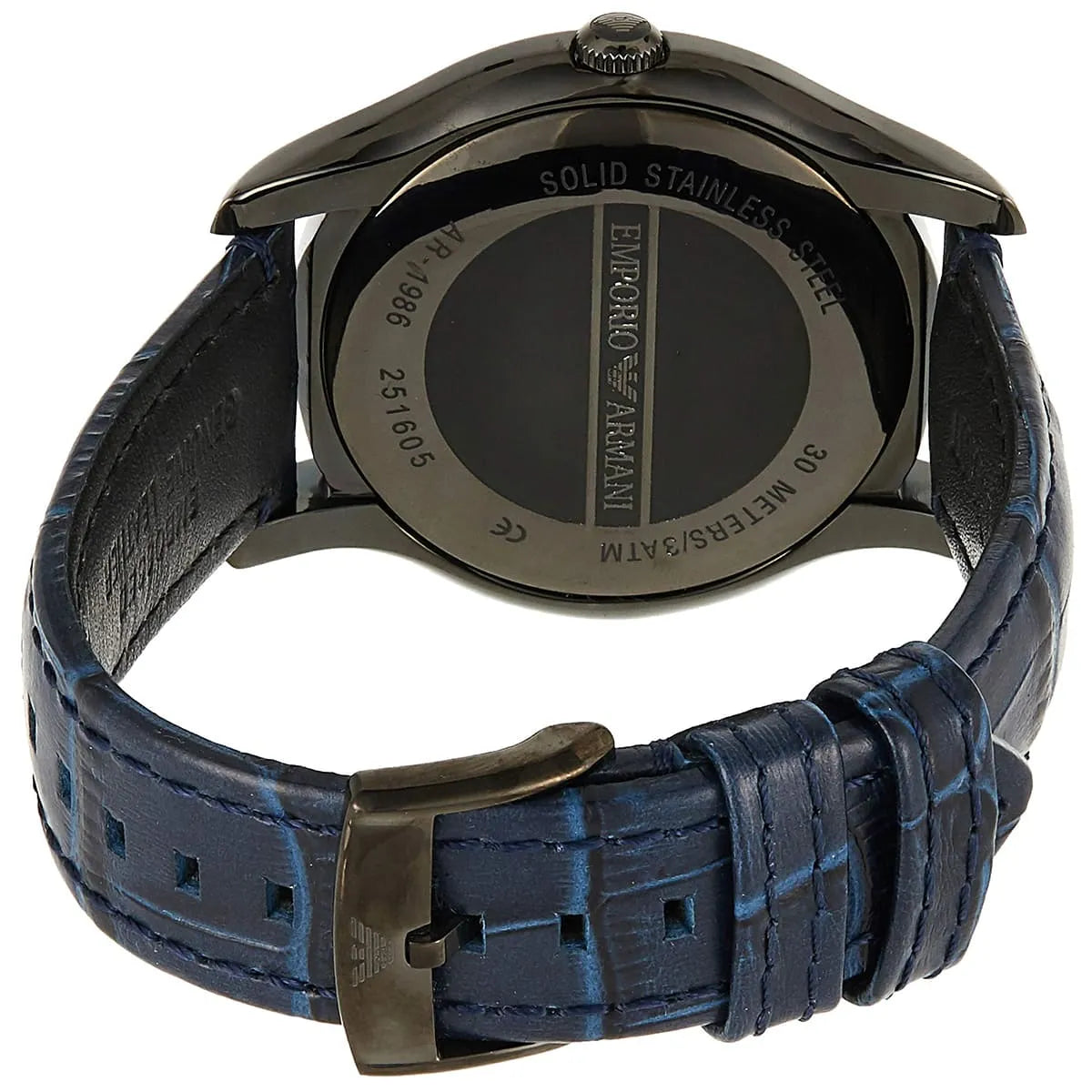 Emporio Armani AR1986 stainless steel caseback with engraved text and specifications