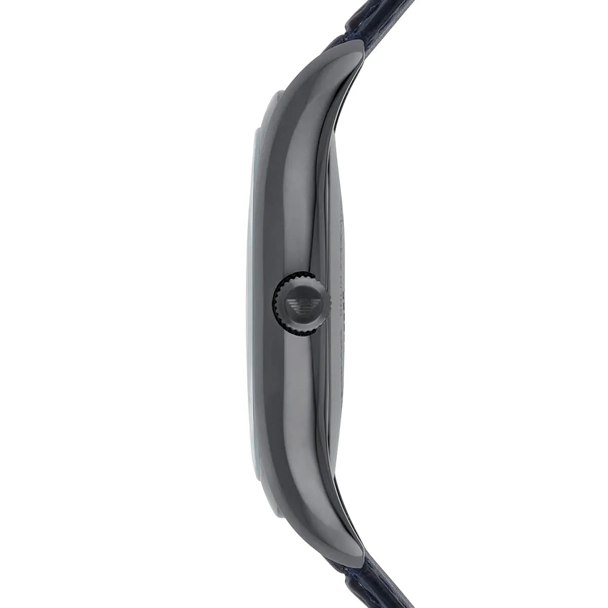 Emporio Armani AR1986 watch side profile showing grey stainless steel case and navy strap
