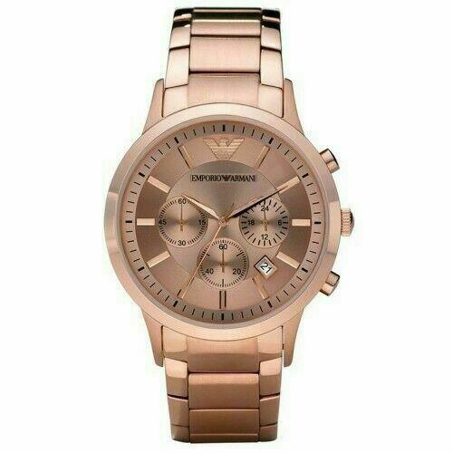 Emporio Armani rose gold chronograph watch with three subdials and rose gold steel bracelet