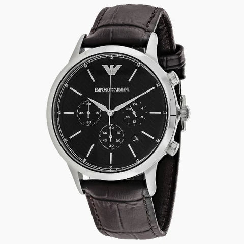 Emporio Armani AR2482 watch at three-quarter angle showing black chronograph dial and brown leather band