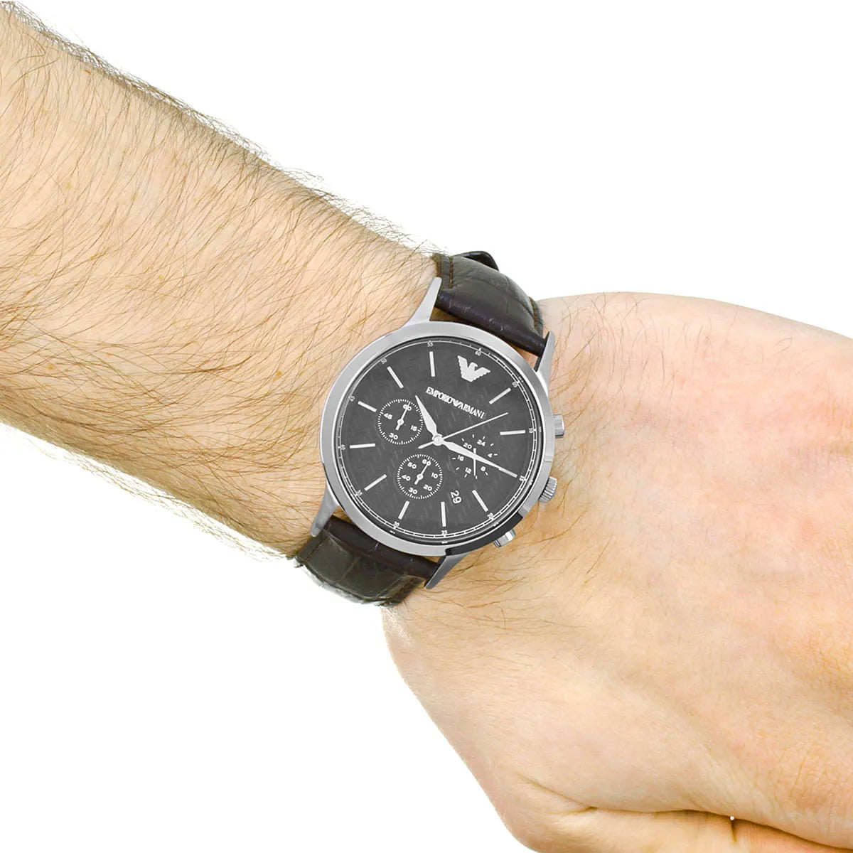Emporio Armani AR2482 chronograph watch on wrist showing black dial and brown leather strap
