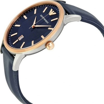 Angled view of Emporio Armani AR2506 watch with navy dial and rose gold accents
