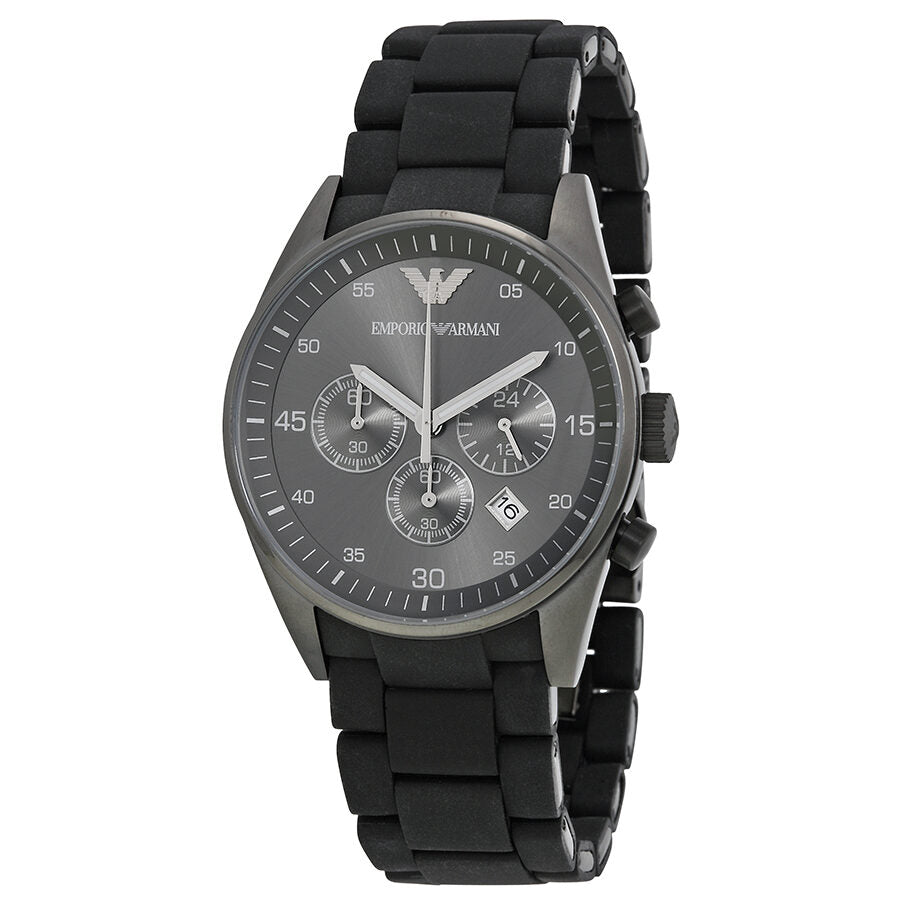 Emporio Armani Sport Chronograph black dial watch with black rubber strap, three chronograph subdials visible