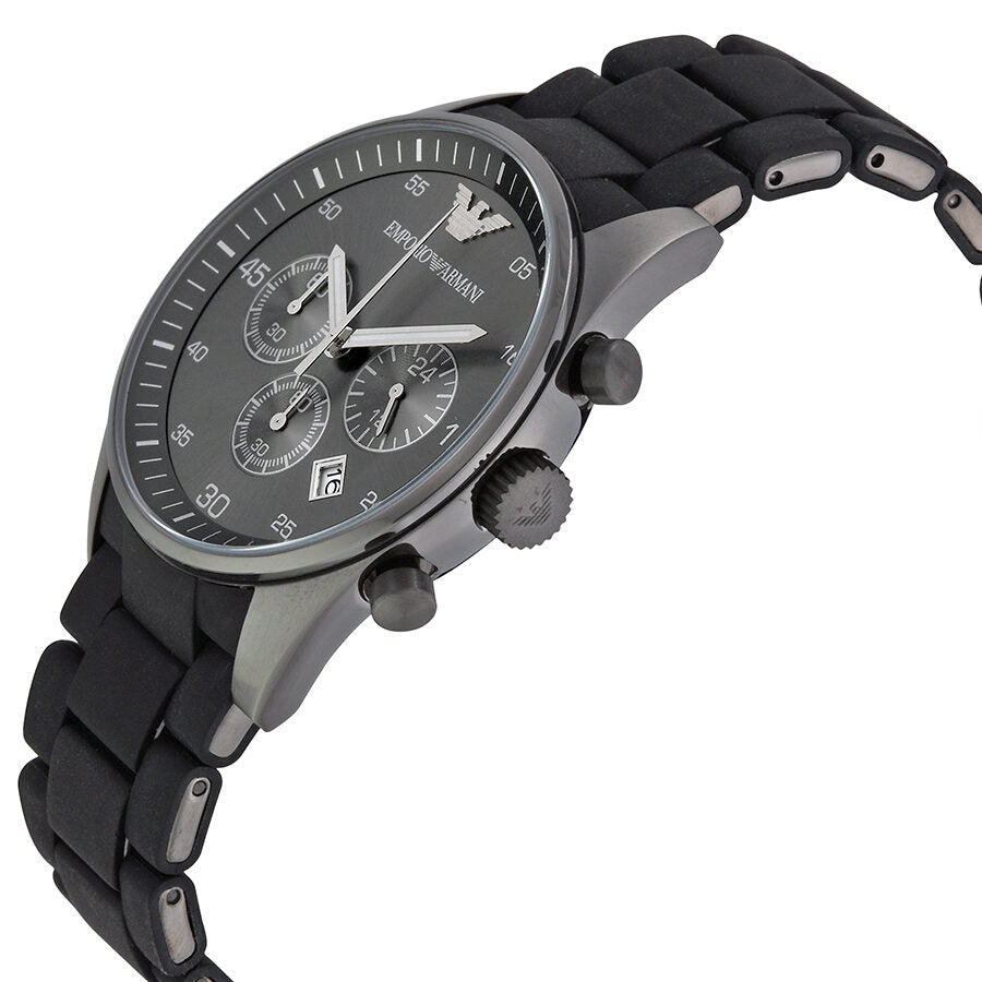 Emporio Armani AR5889 Sport Chronograph angled side view showing black rubber strap and chronograph pushers
