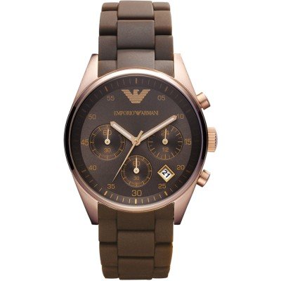 Emporio Armani AR5891 chronograph watch with dark brown dial, rose gold bezel, and brown rubber strap