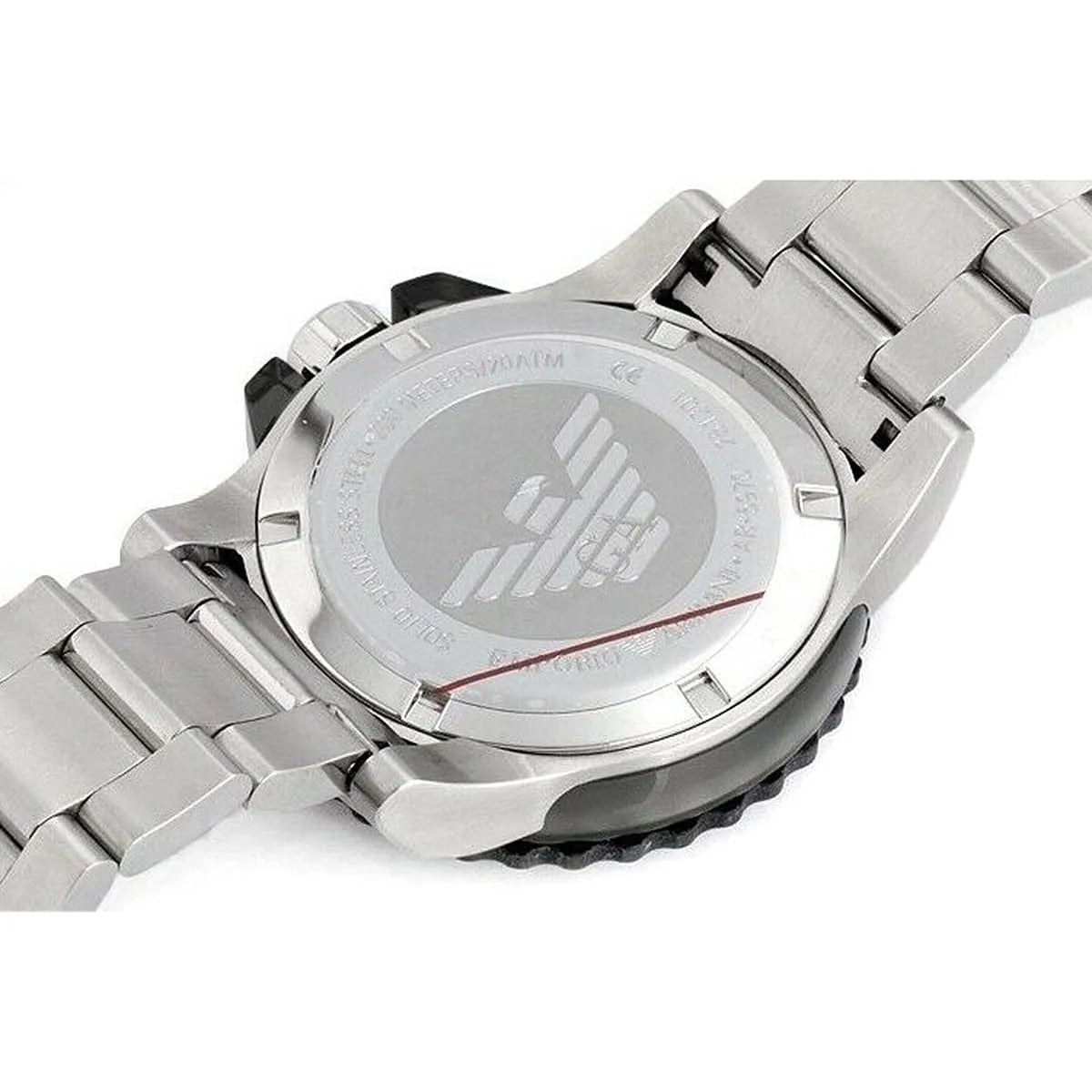 Caseback of Emporio Armani AR5970 with engraved eagle logo and specifications