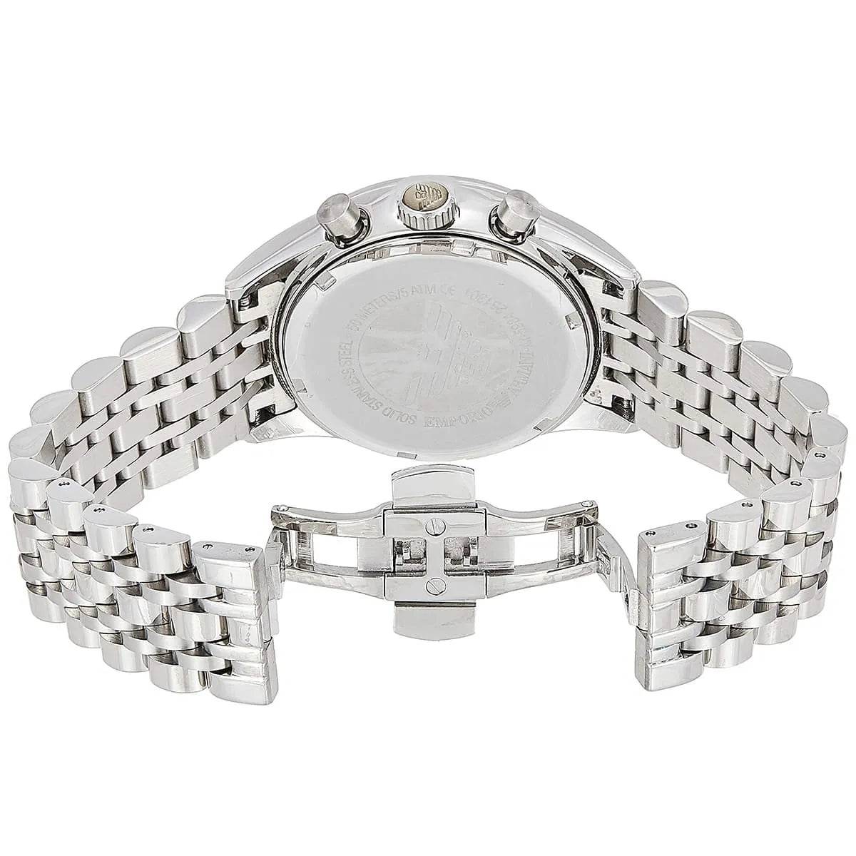 Emporio Armani AR5984 watch caseback showing stainless steel back and silver bracelet attachment