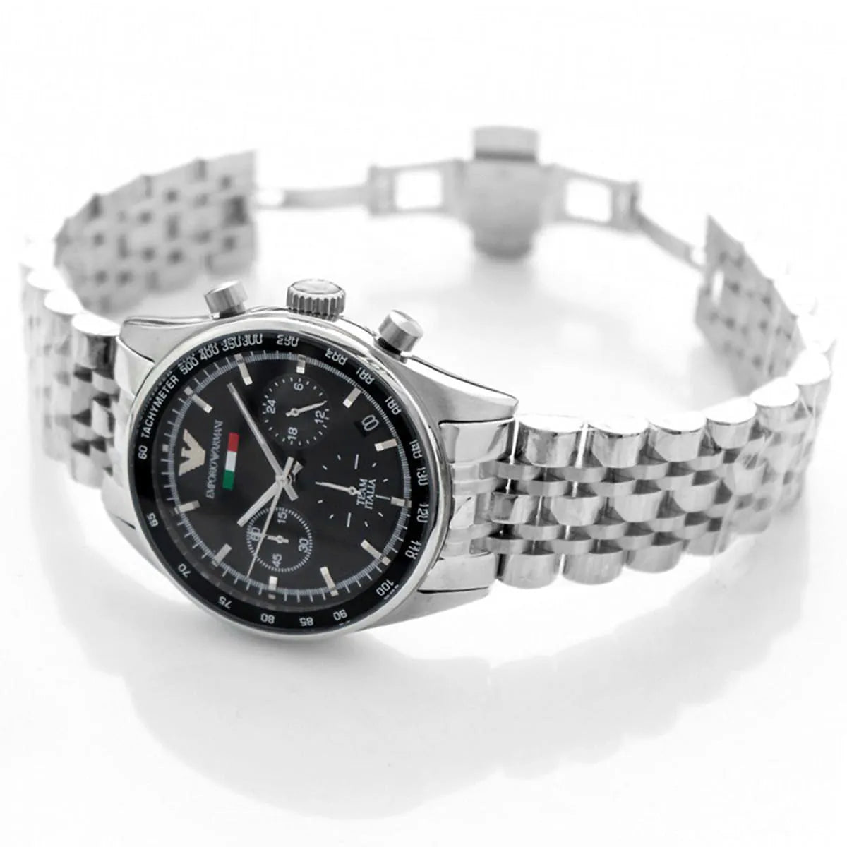 Emporio Armani AR5984 chronograph watch on wrist with silver steel bracelet