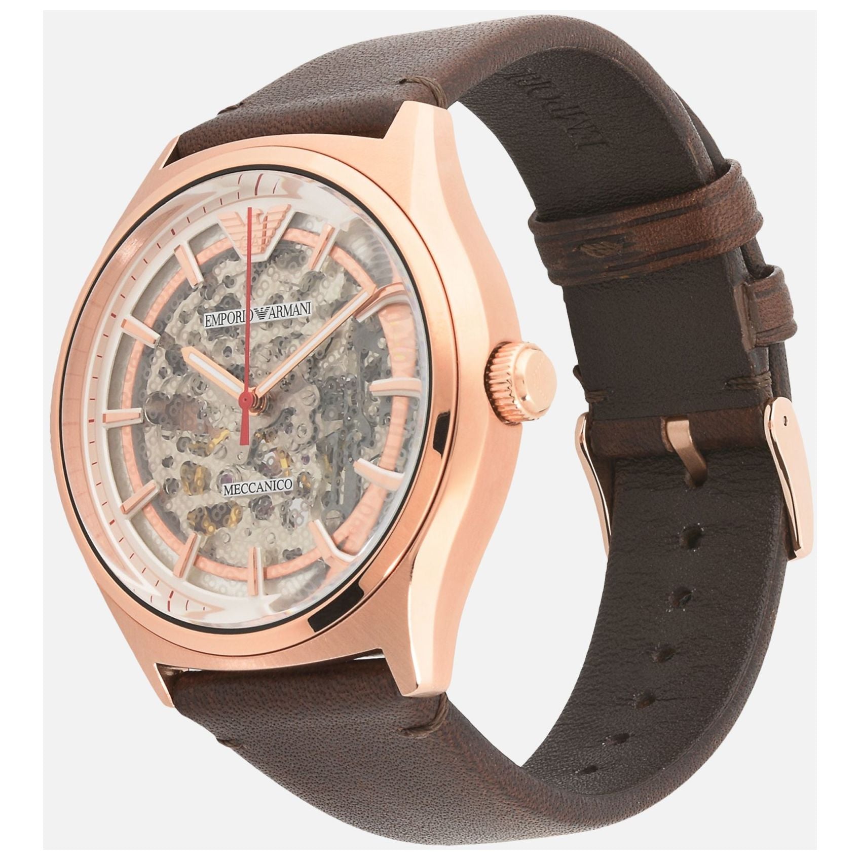 Emporio Armani Meccanico White Skeleton Dial Brown Leather Strap Men's Watch - AR60005