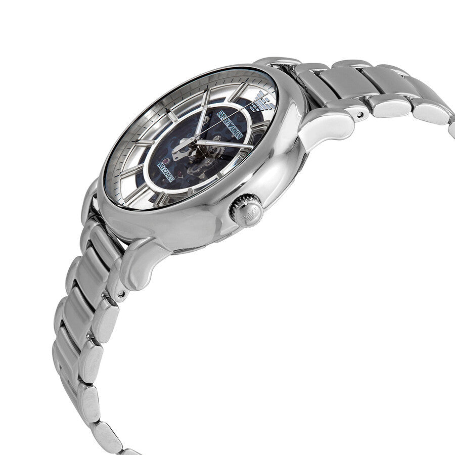 Side angle view of Emporio Armani AR60006 watch showing case and silver bracelet