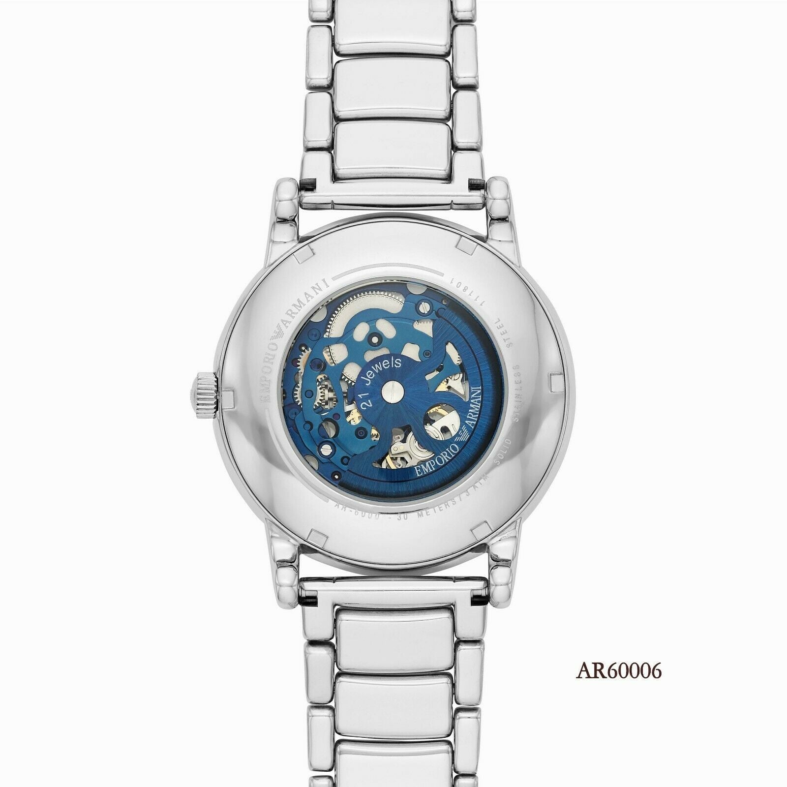 Caseback view of AR60006 showing exposed blue automatic movement and rotor