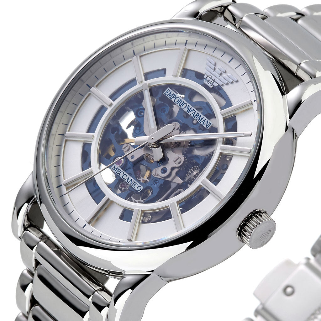 Close-up of AR60006 skeleton dial with exposed blue automatic movement