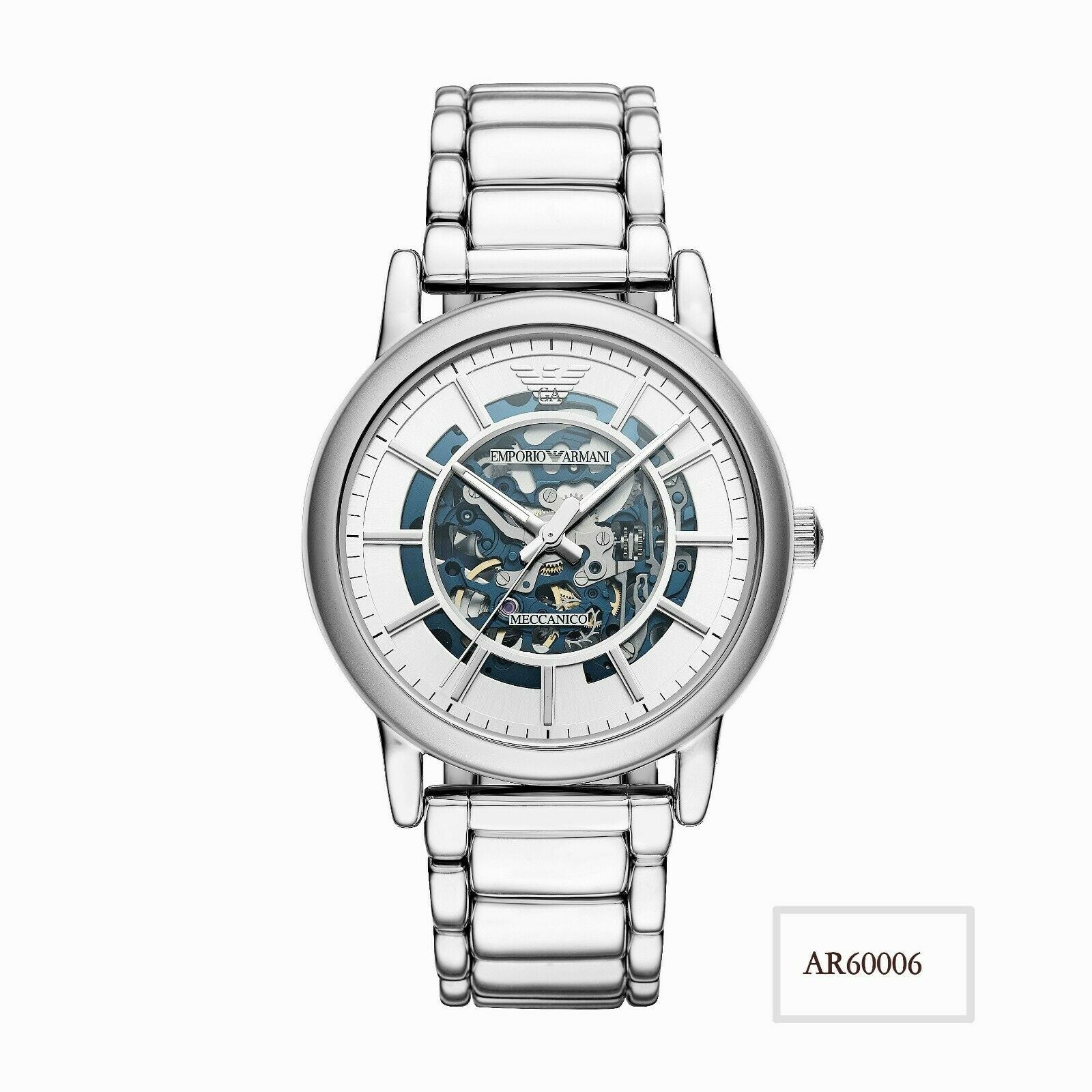 Emporio Armani AR60006 men's automatic watch with skeleton dial, front view with model number