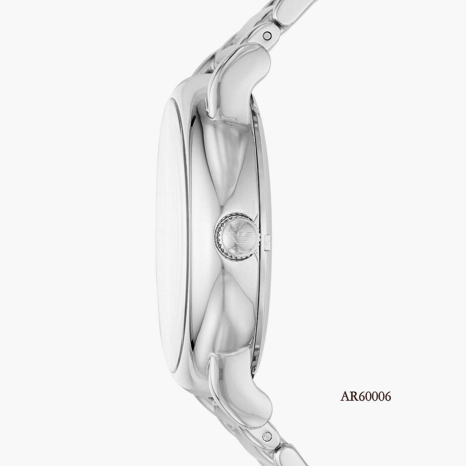 Side profile of Emporio Armani AR60006 watch showing case thickness and stainless steel bracelet