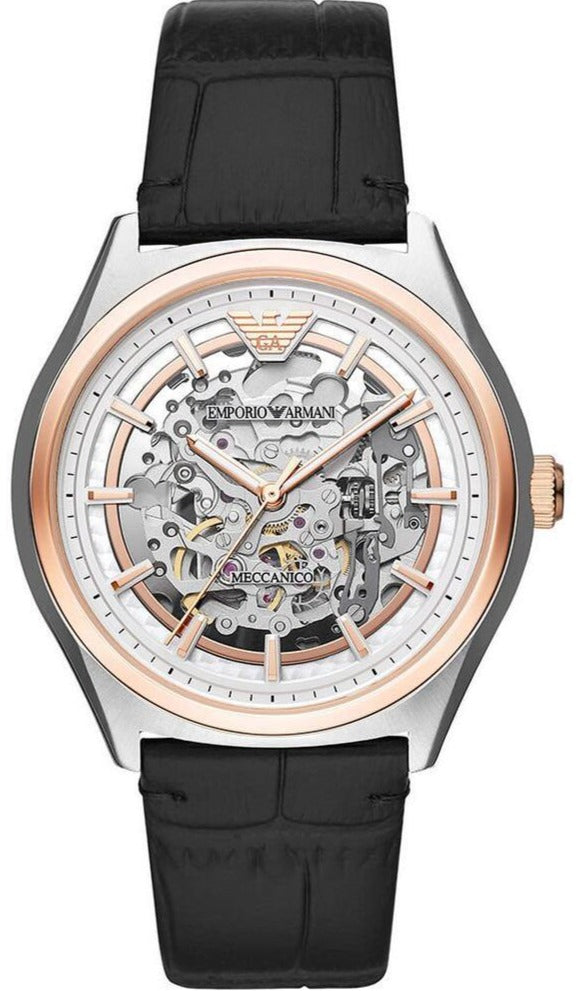 Emporio Armani AR60018 automatic skeleton watch with white dial and black leather strap