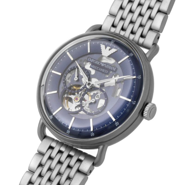 Emporio Armani AR60024 aviator watch at angle showing blue skeleton dial and mesh band