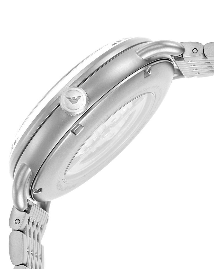 Emporio Armani AR60024 watch side profile with silver mesh bracelet and crown detail