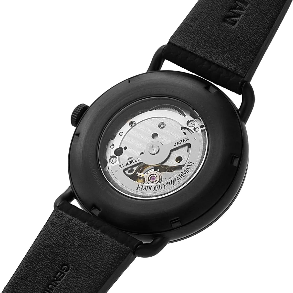 Emporio Armani AR60028 caseback showing visible automatic mechanical movement and engravings