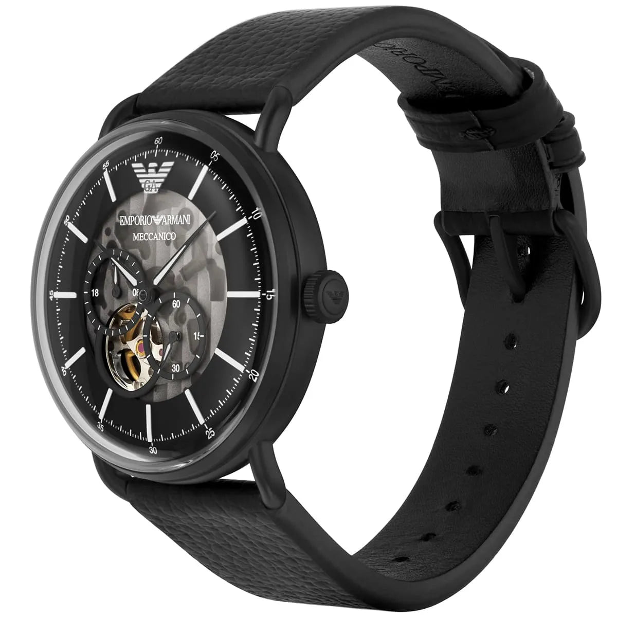 Emporio Armani AR60028 Aviator automatic watch worn on wrist with black leather strap