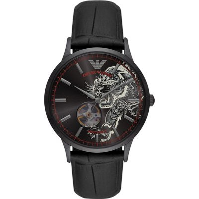 Emporio Armani AR60046 watch with black leather strap and skeleton dial featuring tiger engraving