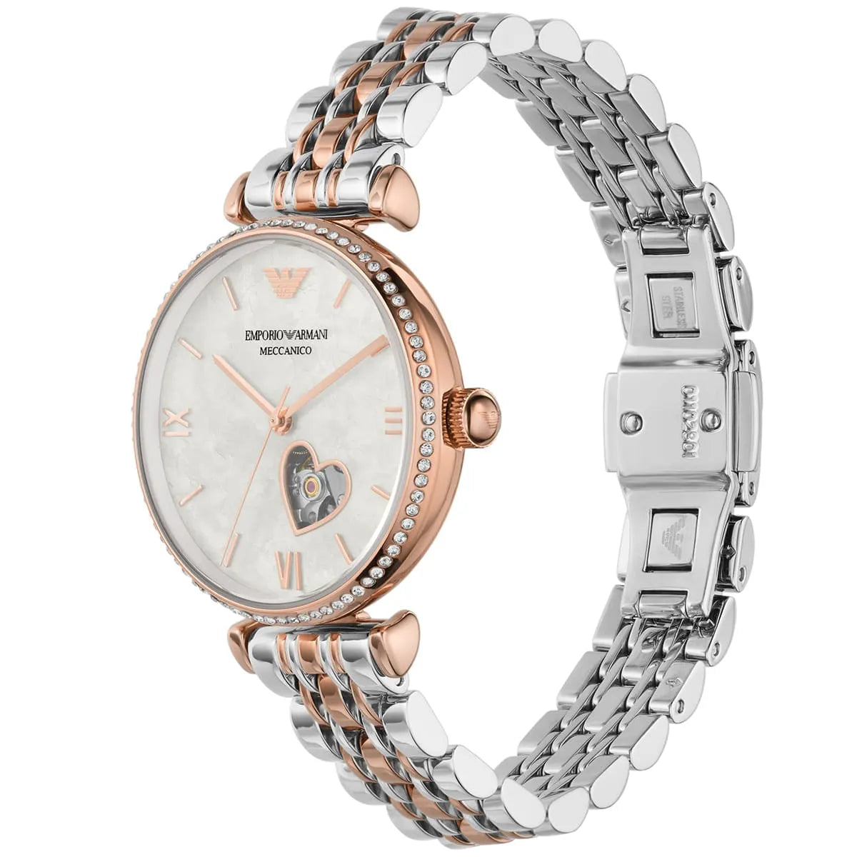 Emporio Armani AR60049 watch angle view showing diamond bezel and two-tone stainless steel bracelet