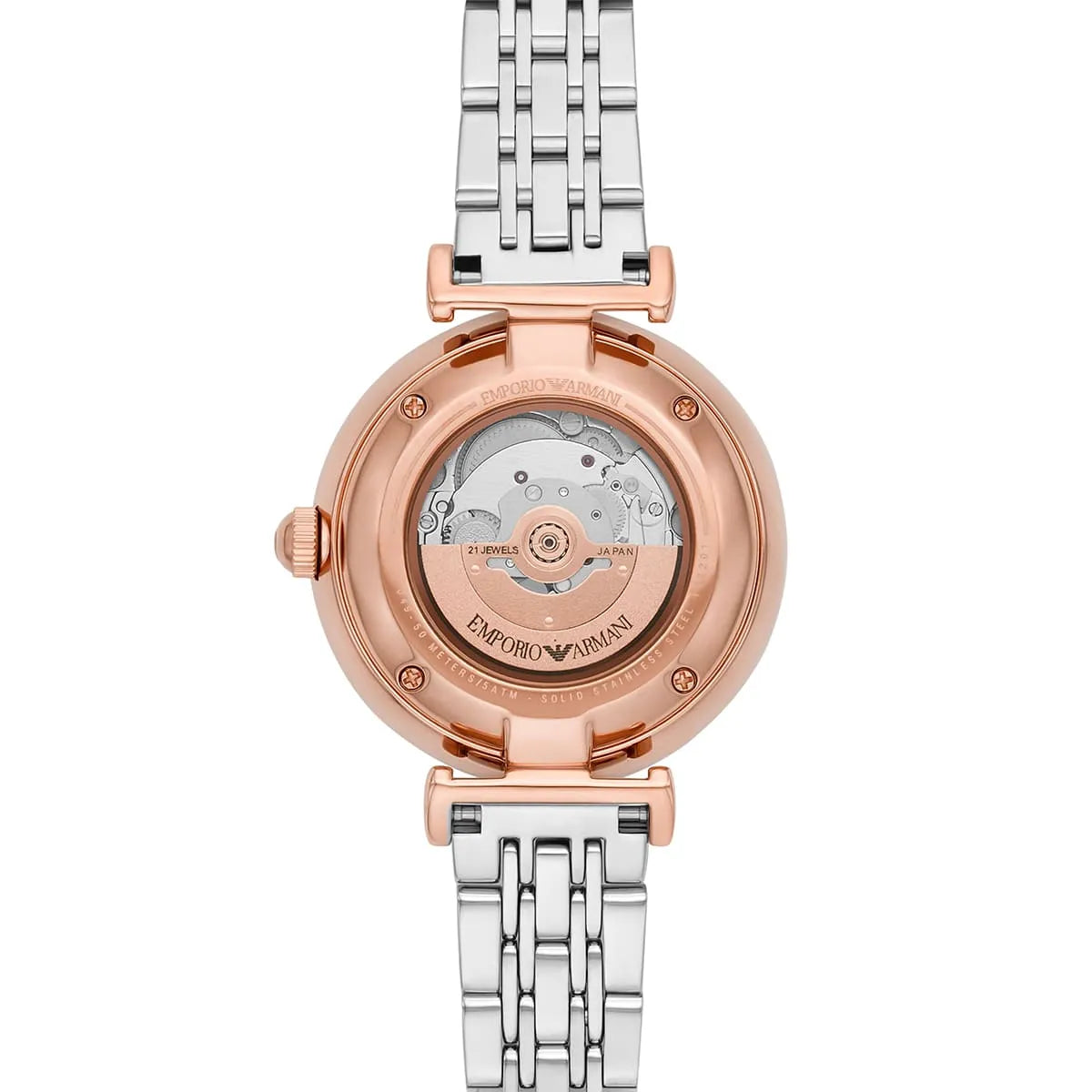 Emporio Armani AR60049 transparent caseback displaying visible automatic movement and gears