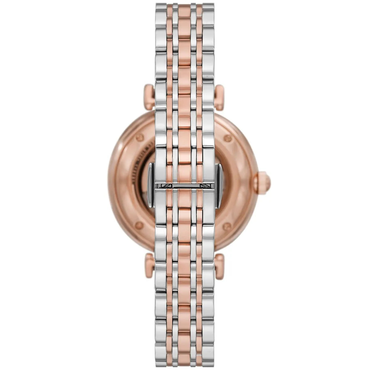 Emporio Armani AR60049 caseback showing open heart mechanism and automatic movement