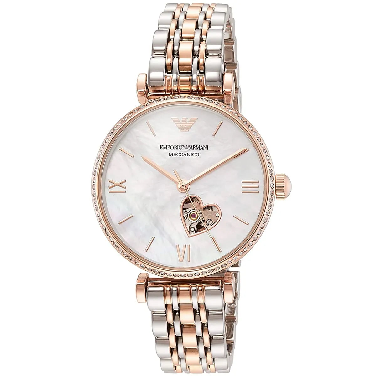 Emporio Armani AR60049 automatic open heart watch face with mother-of-pearl dial and rose gold two-tone bracelet