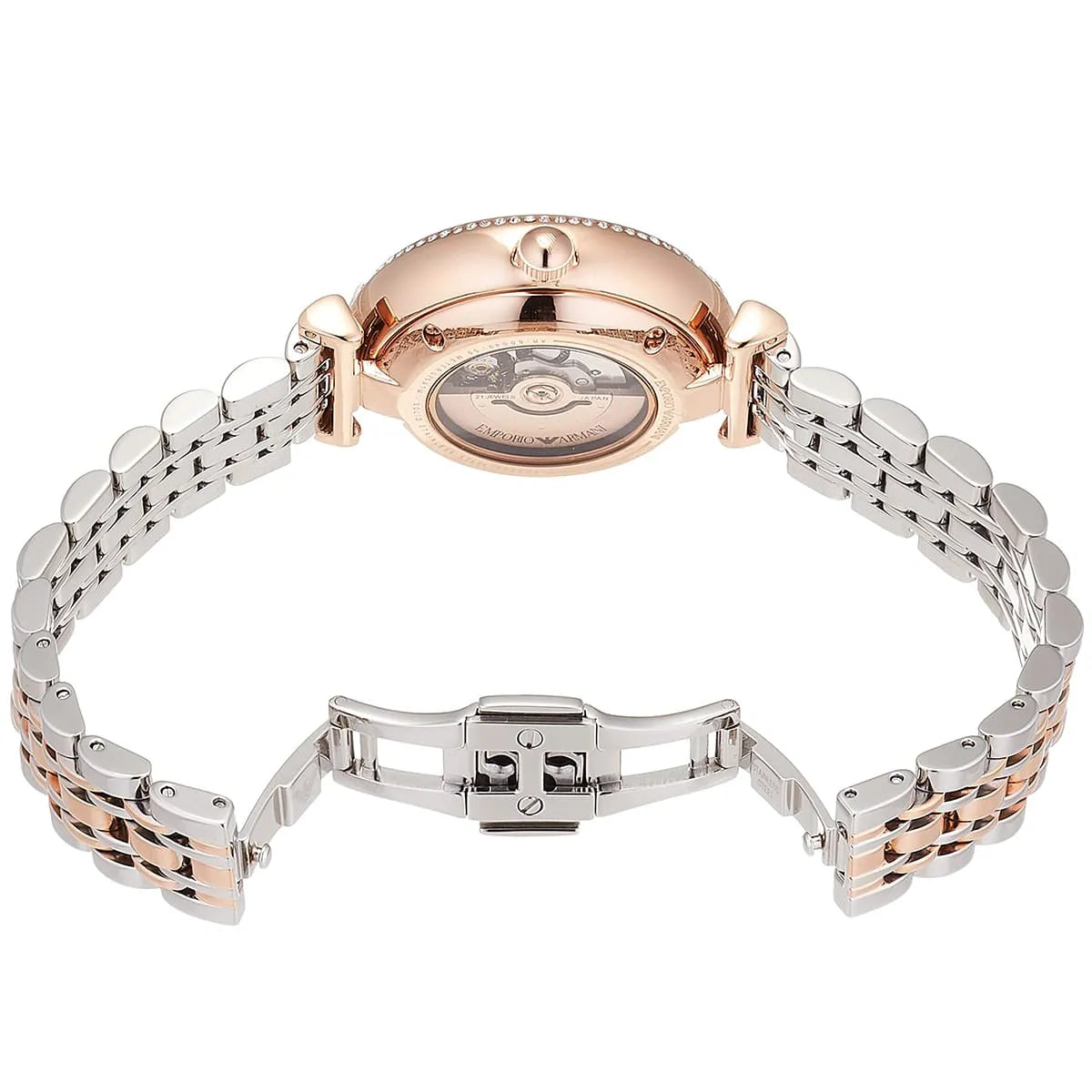 Emporio Armani AR60049 automatic watch worn on wrist showing diamond-set rose gold case