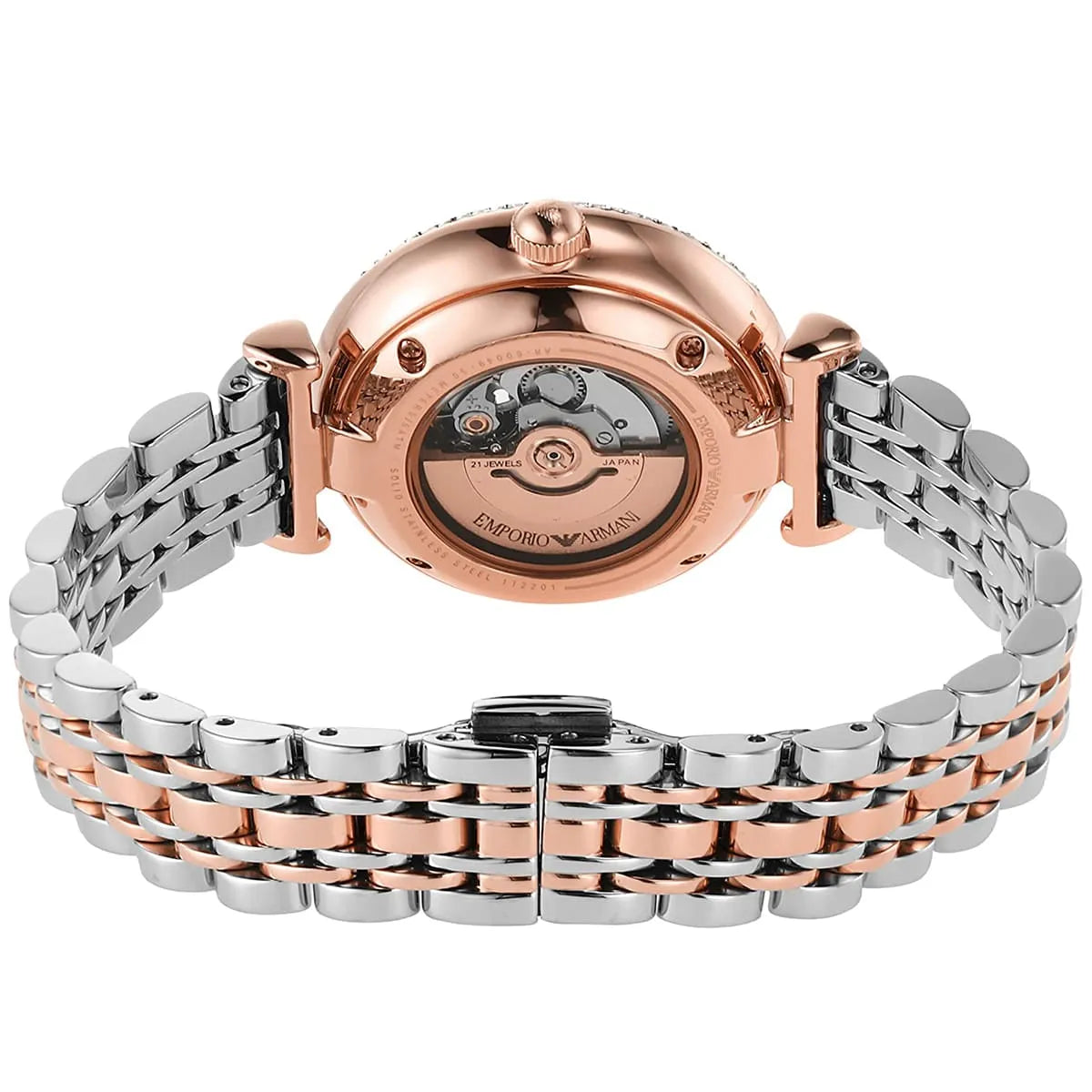 Emporio Armani AR60049 watch overhead view showing complete two-tone bracelet and case design