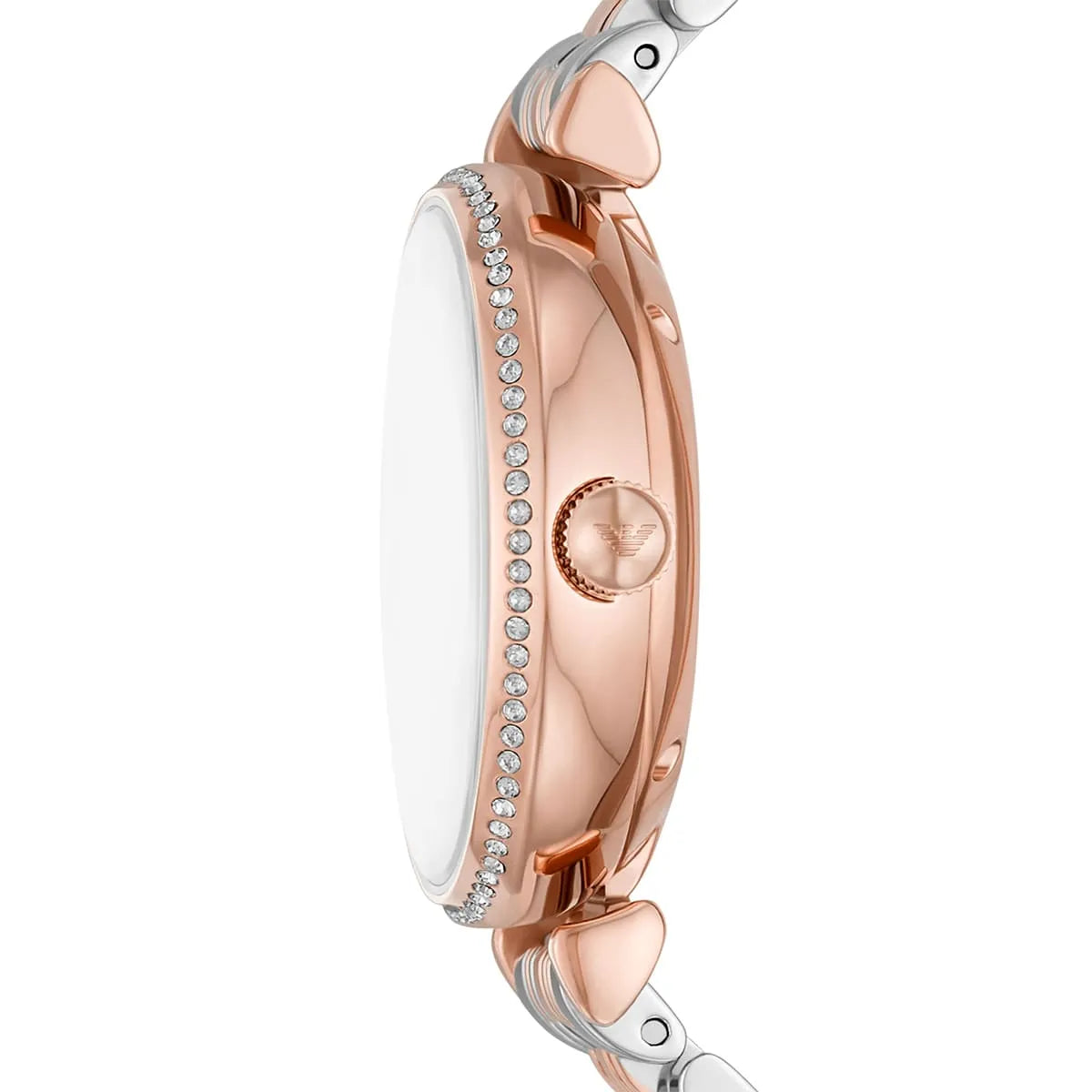 Emporio Armani AR60049 side profile showing rose gold case, diamond bezel and bracelet design