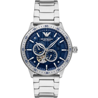 Emporio Armani AR60052 watch with blue dial, visible movement subdials, and stainless steel bracelet