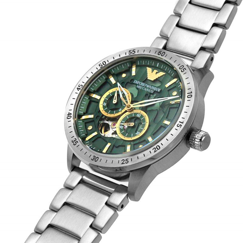 Emporio Armani AR60053 angled view showing stainless steel bracelet and green dial
