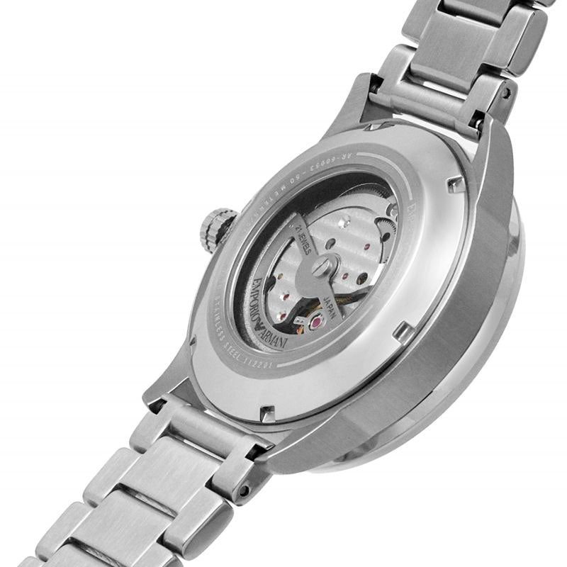 Emporio Armani AR60053 skeleton caseback revealing automatic movement